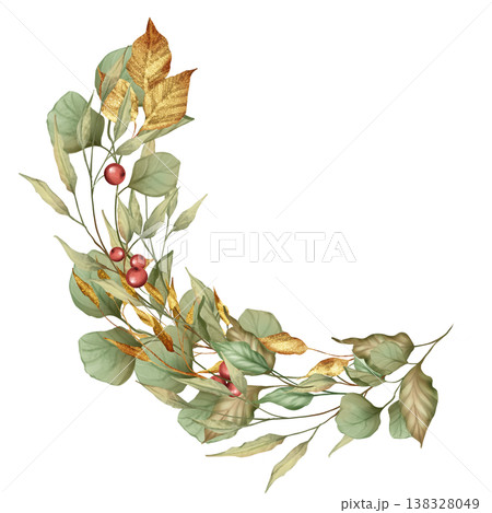 Elegant illustration of a curved laurel branch featuring green leaves, red berries and dry golden leaves. Hand drawn artwork. 138328049