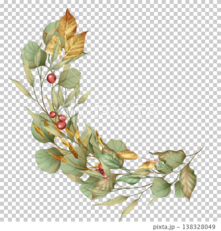 Elegant illustration of a curved laurel branch featuring green leaves, red berries and dry golden leaves. Hand drawn artwork. 138328049