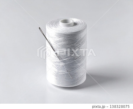 Cotton thread. Spool of white thread on a white background. Sewing thread close-up view. 138328075