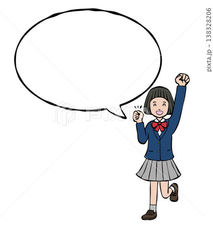 女の子笑顔　ガッツポーズ　制服　フキダシ 138328206