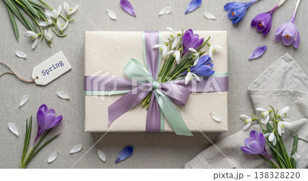 Gift box with snowdrops and crocus flowers on a grey flatlay. Gift box with snowdrops and crocus flowers on a grey flatlay. 138328220