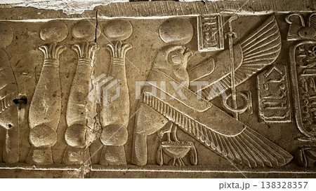 Beautiful bas-reliefs and ancient hieroglyphs from the Dendera Temple Complex, Qena, Egypt Beautiful bas-reliefs and ancient hieroglyphs from the Dendera Temple Complex, Qena, Egypt 138328357