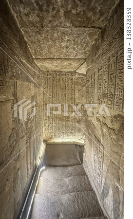 Beautiful wall paintings and bas-reliefs inside the ancient temple complex of Dendera, Qena, Egypt Beautiful wall paintings and bas-reliefs inside the ancient temple complex of Dendera, Qena, Egypt 138328359