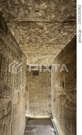 Beautiful wall paintings and bas-reliefs inside the ancient temple complex of Dendera, Qena, Egypt Beautiful wall paintings and bas-reliefs inside the ancient temple complex of Dendera, Qena, Egypt 138328362