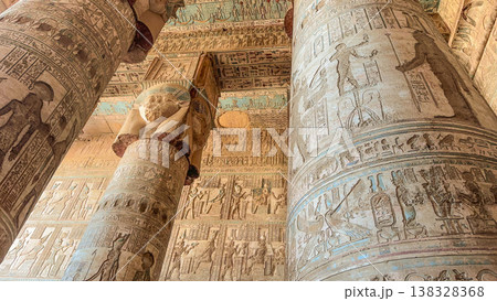 Beautiful vaults and bas-reliefs in the ancient temple complex of Dendera, Qena, Egypt Beautiful vaults and bas-reliefs in the ancient temple complex of Dendera, Qena, Egypt 138328368