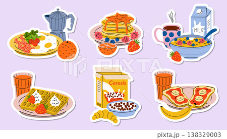 Breakfast still life food stickers set with fried eggs, pancakes, cereal, and waffles. Breakfast still life food stickers set with fried eggs, pancakes, cereal, and waffles. 138329003