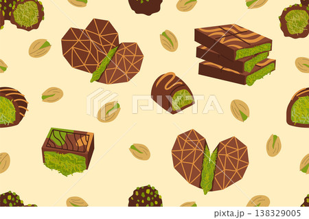 Seamless vector pattern of Dubai chocolate bars and truffles with green pistachio knafeh filling. Seamless vector pattern of Dubai chocolate bars and truffles with green pistachio knafeh filling. 138329005