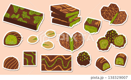 Dubai chocolate vector sticker set of bars and truffles with green pistachio knafeh filling. Flat cartoon icons of sweets and nuts. Dubai chocolate vector sticker set of bars and truffles with green pistachio knafeh filling. Flat cartoon icons of sweets and nuts. 138329007