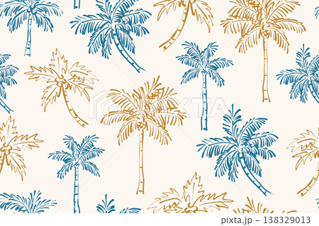 Hand drawn sketch seamless vector pattern with blue and gold palm trees on a light cream background. Tropical sketch design. Hand drawn sketch seamless vector pattern with blue and gold palm trees on a light cream background. Tropical sketch design. 138329013