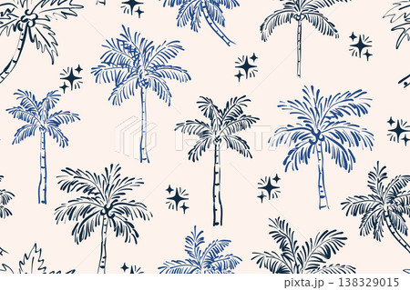 Seamless vector pattern of hand-drawn navy blue palm trees and stars on a cream background. Tropical sketch design. Seamless vector pattern of hand-drawn navy blue palm trees and stars on a cream background. Tropical sketch design. 138329015