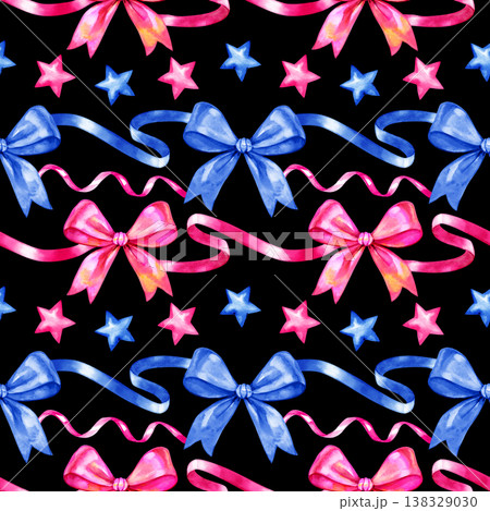 Hand drawn watercolor seamless pattern with blue and pink bows, ribbons, and small stars. This festive design features bright watercolor textures, perfect for gift wrap, gender reveal parties Hand drawn watercolor seamless pattern with blue and pink bows, ribbons, and small stars. This festive design features bright watercolor textures, perfect for gift wrap, gender reveal parties 138329030