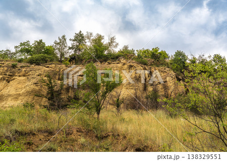 Majestic rocky cliffs and towering pine trees against blue sky. 138329551