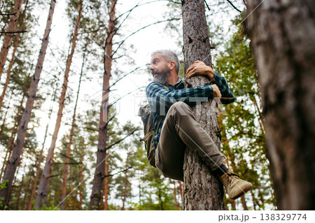 Frightened man is hiding from bear on a tree, holding on the trunk with hands and feet. 138329774