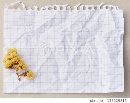 A crumpled torn sheet of a squared notebook lies on a gray background with a sprig of yellow dried flowers in the corner 138329815