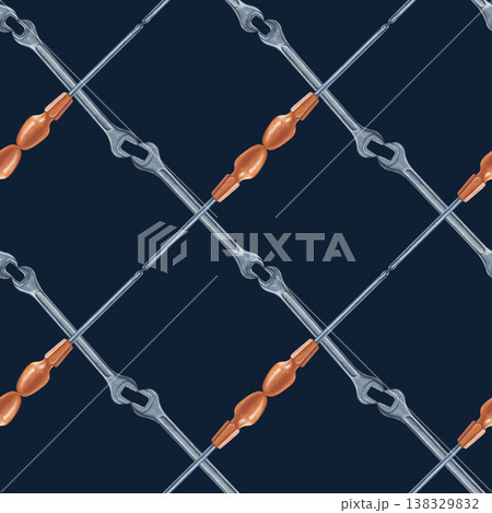 Seamless template with screwdrivers and wrenches arranged in a criss-cross pattern. Watercolor illustration of metal tools on a dark background. A realistic seamless template for the design of repair 138329832