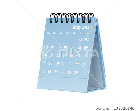 Desktop calendar for May 2026 in blue colour. Mini planner for business and finance, spiral view on isolated white background Desktop calendar for May 2026 in blue colour. Mini planner for business and finance, spiral view on isolated white background 138329840