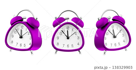 Set of Three Purple Triangle Alarm Clocks Isolated on White Background Set of Three Purple Triangle Alarm Clocks Isolated on White Background 138329903