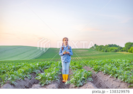 A young girl with braided hair stands in a lush potato field wearing a denim shirt and yellow boots, holding a small plant A young girl with braided hair stands in a lush potato field wearing a denim shirt and yellow boots, holding a small plant 138329976