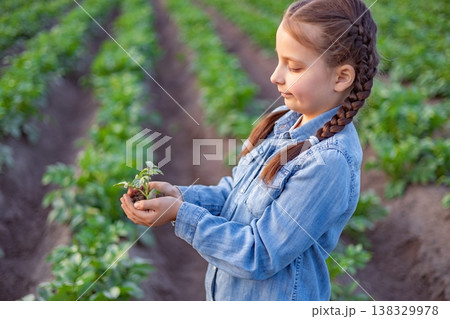 A young girl with braided hair carefully holds a small plant seedling in her hands while standing in a field of crops A young girl with braided hair carefully holds a small plant seedling in her hands while standing in a field of crops 138329978