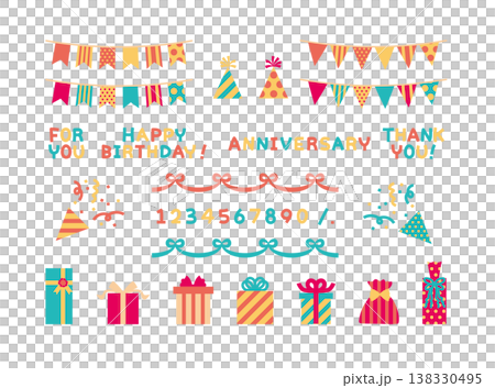 可愛的裝飾插圖套裝，可用於禮品、花環和其他慶祝裝飾——非常適合生日和周年紀念。 138330495