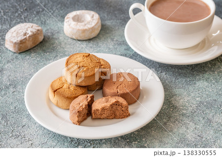 Polvorones and mantecados with hot chocolate cozy festive dessert winter scene 138330555