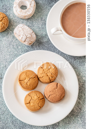 Polvorones and mantecados with hot chocolate cozy festive dessert winter scene 138330556