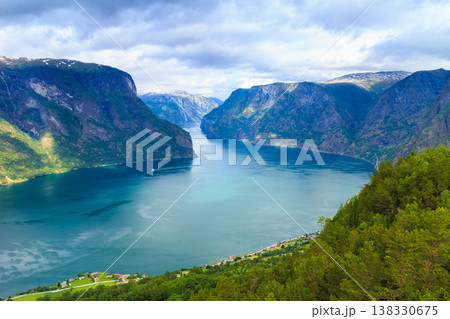 View of the fjords at Stegastein viewpoint in Norway View of the fjords at Stegastein viewpoint in Norway 138330675