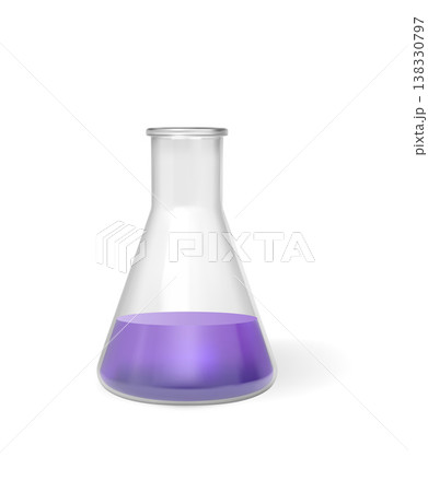 Glass cone flask with purple chemicals 3D realistic vector icon, laboratory glassware equipment vial with liquid, beaker 138330797