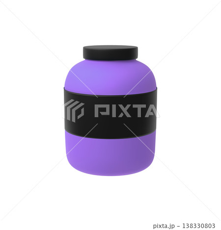 Purple plastic bottle with black label and cap, sport nutrition, supplement container package realistic 3D vector mockup 138330803