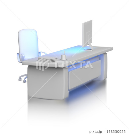 Service desk, office desktop, working place with computer and chair 3Dvector mockup, white table with led illumination 138330923