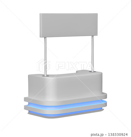 Advertising promo booth stand, service desk, presentation kiosk with signboard and led illumination vector 3D mockup 138330924