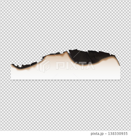 Piece of paper with a burnt edge, vector realistic paper burnt with charred side, cardboard sheet with black ash Piece of paper with a burnt edge, vector realistic paper burnt with charred side, cardboard sheet with black ash 138330935