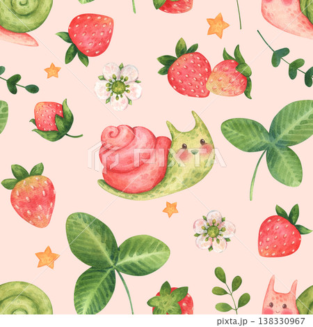 Cute cartoon seamless pattern with snails, strawberries, flowers, leaves, and stars. Garden or forest characters and elements in children style. Watercolor illustration isolated on a pink background Cute cartoon seamless pattern with snails, strawberries, flowers, leaves, and stars. Garden or forest characters and elements in children style. Watercolor illustration isolated on a pink background 138330967