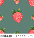 Simple seamless pattern of ripe, juicy strawberries. Wild or garden berries in a cartoon style. Hand-drawn watercolor illustration isolated on green background. Ideal for package, textile, polygraph 138330970