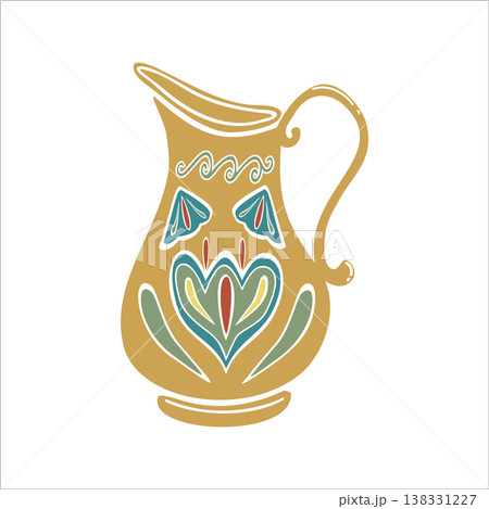 Turkish jug for water with traditional ornament. Hand drawn vector illustration isolated. For cookbooks designs, magazines, oriental coffee houses and dishware, holidays, postcards banners clip arts. 138331227