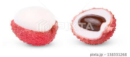 Lychees halves collection, set. Pink juicy lychee cut in a half with seed and peeled half of lychee isolated. Lychees halves collection, set. Pink juicy lychee cut in a half with seed and peeled half of lychee isolated. 138331268