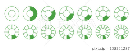 Wheel round green divided diagrams from one to fourteen segments. Circle division from 1 to 14 equal parts. Coaching green blank. 138331287