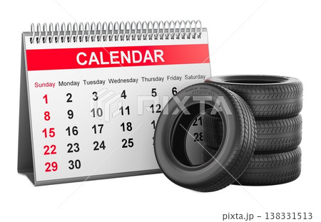 Desk calendar with car tires, concept of seasonal tire change, 3d rendering Desk calendar with car tires, concept of seasonal tire change, 3d rendering 138331513