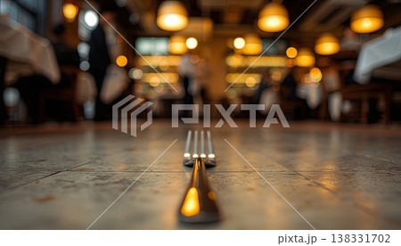 A metal fork lying on a wooden restaurant floor with a blurred dining area in the background. Concepts of hygiene, food safety, cleanliness standards, and everyday dining situations. A metal fork lying on a wooden restaurant floor with a blurred dining area in the background. Concepts of hygiene, food safety, cleanliness standards, and everyday dining situations. 138331702
