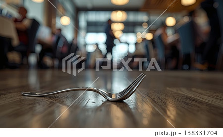 A metal fork lying on a wooden restaurant floor with a blurred dining area in the background. Concepts of hygiene, food safety, cleanliness standards, and everyday dining situations. A metal fork lying on a wooden restaurant floor with a blurred dining area in the background. Concepts of hygiene, food safety, cleanliness standards, and everyday dining situations. 138331704