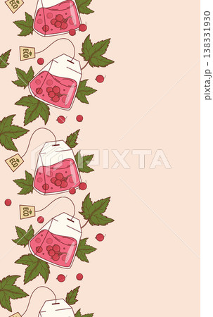 Red Currant Eco Tea Bag Seamless Border. Natural Fruit Fresh Summer Drink, Berries and Leaves on Vertical Light Background. Eco-friendly Fruit Infusion Design with Copy Space. Vector Illustration.. 138331930