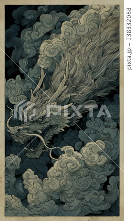 荒波のような雲海を飛翔する龍、浮世絵風の和風背景素材 138332088