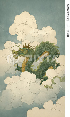 荒波のような雲海を飛翔する龍、浮世絵風の和風背景素材 荒波のような雲海を飛翔する龍、浮世絵風の和風背景素材 138332089