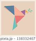 Abstract pastel origami peace dove with olive leaf symbol minimalist style on beige square background 138332407