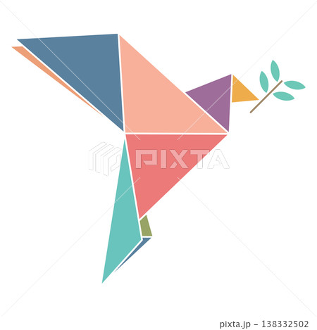 Abstract pastel origami peace dove with olive leaf symbol minimalist style isolated on white background Abstract pastel origami peace dove with olive leaf symbol minimalist style isolated on white background 138332502