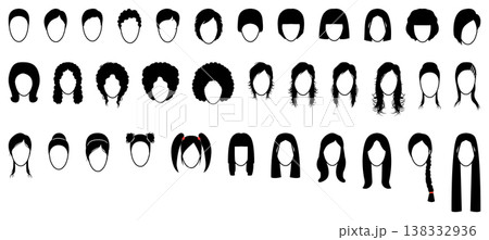 Black and white front view hair silhouette set showing different hairstyles clean solid shapes minimal vector collection 138332936