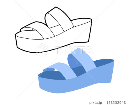 Blue flatform sandal shoe women flat plus line set. Double strap platform sandal for fashion catalog resort project. 138332948