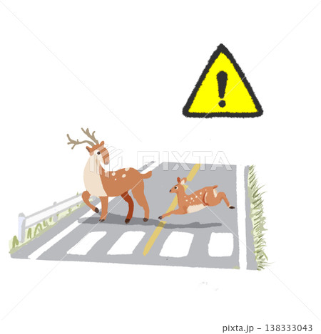 注意マーク付き 道路を横断する鹿の親子のイラスト 交通安全・動物飛び出し注意素材 138333043