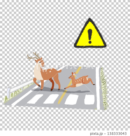 注意マーク付き 道路を横断する鹿の親子のイラスト 交通安全・動物飛び出し注意素材 138333043
