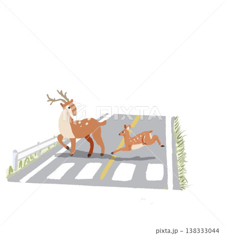 道路を横断する鹿の親子のイラスト 動物の飛び出し・交通安全素材 138333044